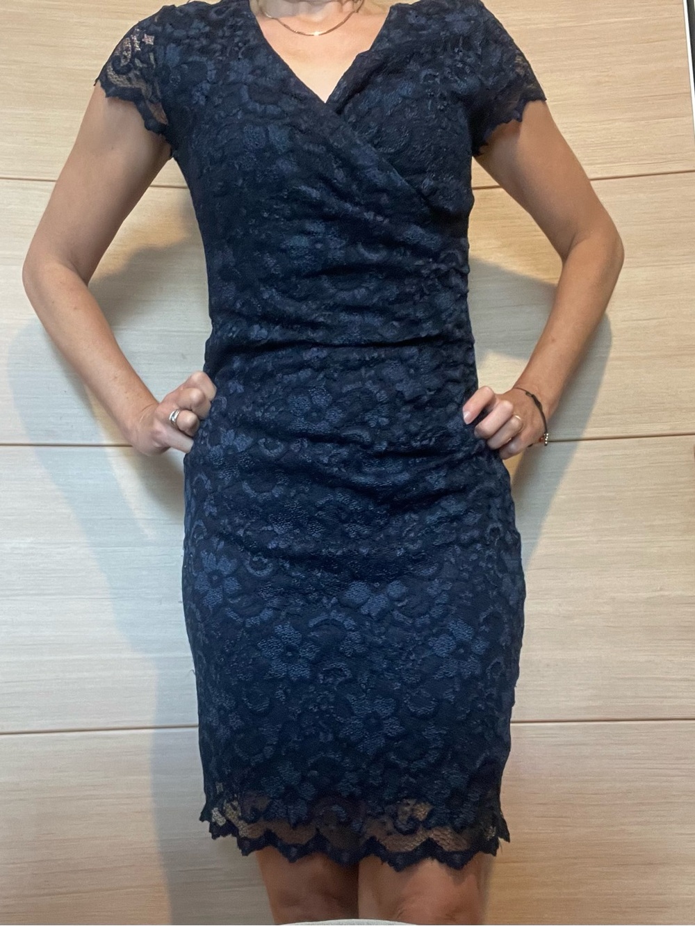 Joseph Ribkoff Navy Lace Midi Dress with Faux-Wrap Detail